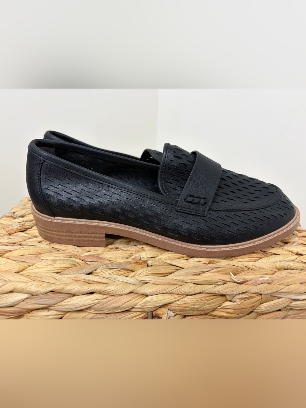 Franco Sarto Black Perforated Penny Loafers with Brown Sole